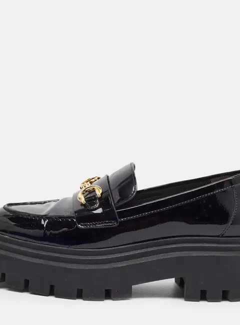 Stuart Weitzman Accent Size 36 Black Patent Leather Chain-Link Platform Loafers