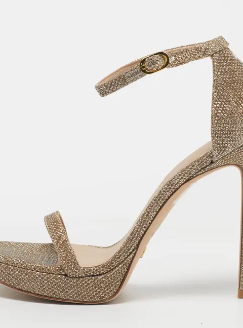 Stuart Weitzman Nudist Size 37 Gold Glitter Ankle Strap Platform Sandals