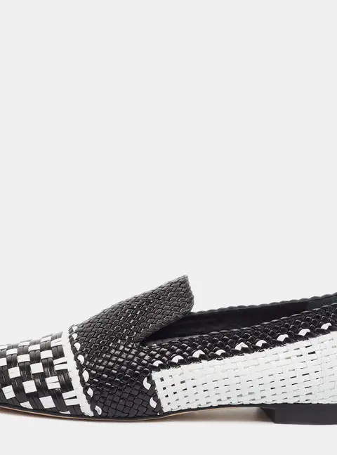 Stuart Weitzman Riviera Size 36.5 Black/White Woven Leather Smoking Slippers