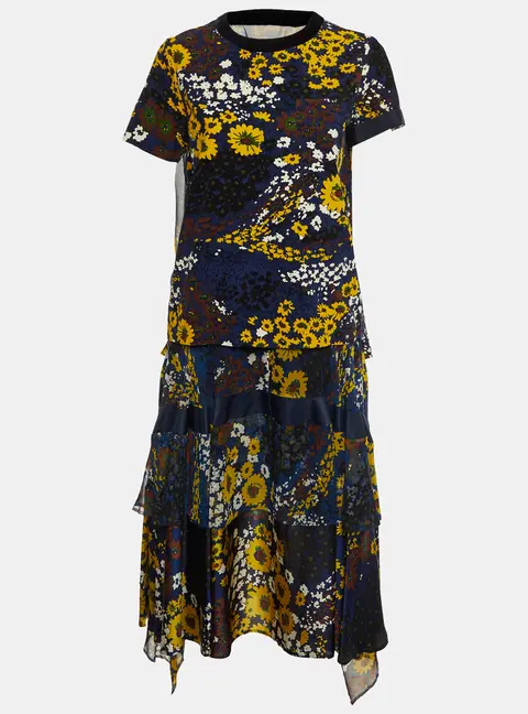 Sacai Navy Blue Floral Print Corduroy & Chiffon Top and Skirt Set S