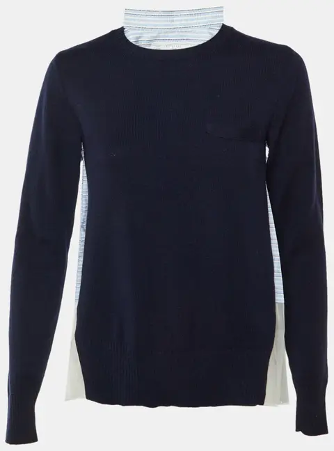 Sacai Navy Blue Striped Mesh Detail Wool Sweater S