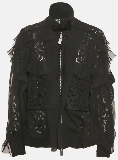Sacai Black Lace Ruffle Detail Zip Up Jacket M