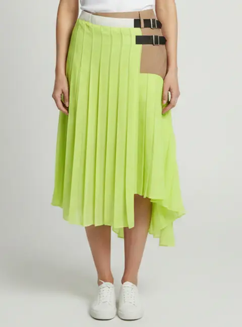 Sacai Neon Yellow/Beige Cotton Blend Asymmetric Pleated Midi Skirt S
