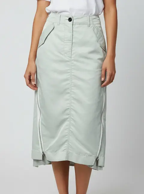 Sacai Light Sage Green Nylon Zip Detail Pleated Midi Skirt L