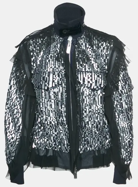 Sacai Navy Blue/Silver Sequins Ruffled Bomber Jacket S