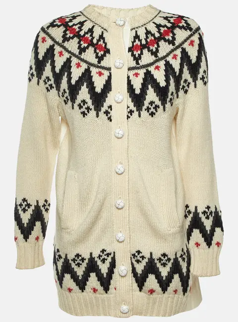 Sacai White Gabardine and Fair Isle Knit Cardigan S