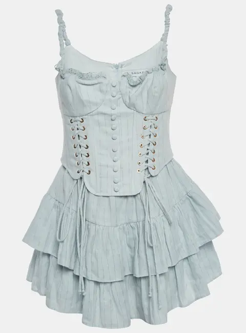 Sagaza Light Blue Pin Striped Cotton Rokoko Mini Dress