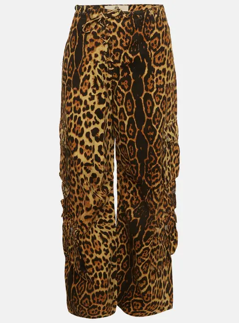 Sagaza Brown Leopard Print Denim Wide Leg Cargo Pants M