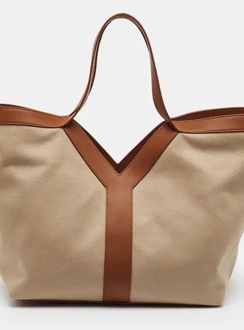 Saint Laurent Y Beige/Brown Canvas and Leather Tote