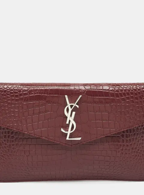Saint Laurent Uptown Burgundy Croc Embossed Leather Pouch