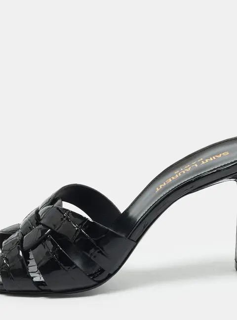 Saint Laurent Tribute Size 36 Black Croc Embossed Patent Leather Slide Sandals