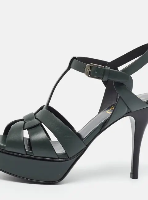 Saint Laurent Tribute Size 35.5 Green Leather Platform Sandals