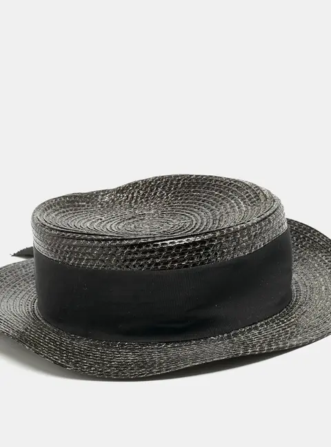 Saint Laurent Paris Black Canotier Lacquered Straw Boater Hat S