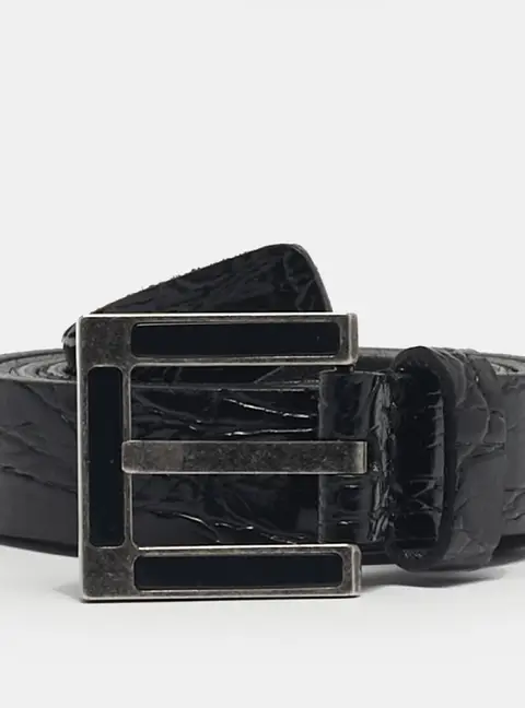 Saint Laurent Paris Buckle Belt Black Crocodile Embossed Leather