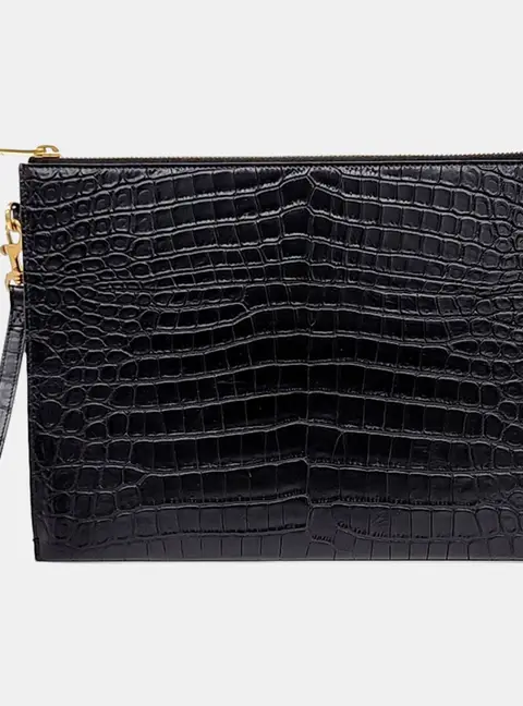 Saint Laurent iPad Holder Black Croc Embossed Patent Leather Pouch Bag