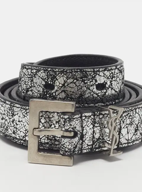 Saint Laurent Cassandre 80CM Buckle Belt Silver Crackle Leather