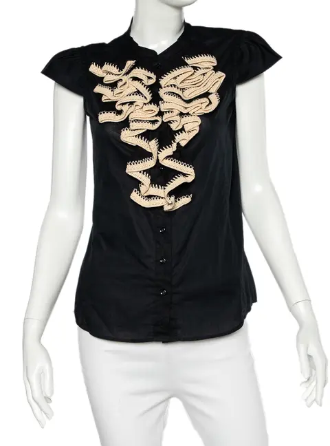 Yves Saint Laurent Black Cotton Crochet Ruffled Button Front Top M