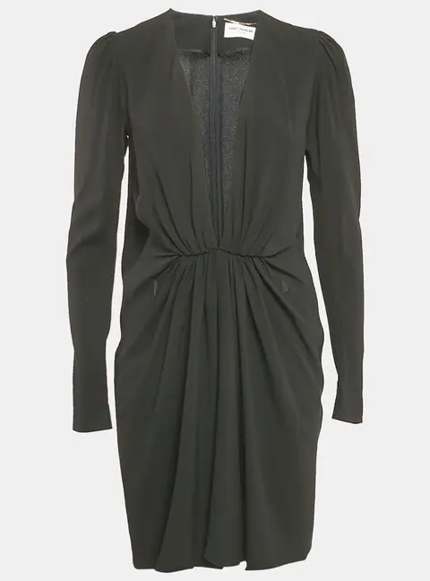 Saint Laurent Black Crepe Plunging Neck Mini Dress M