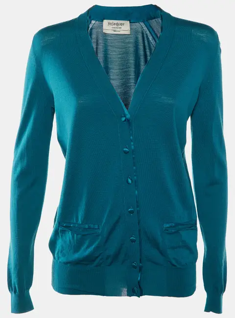 Yves Saint Laurent Teal Blue Wool Knit & Satin Trim Button Front Cardigan L