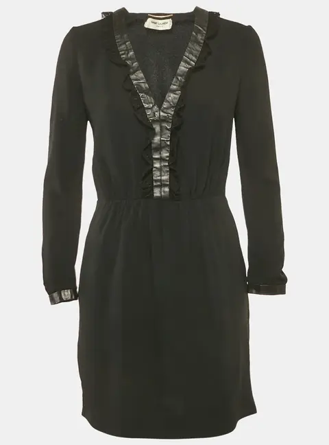 Saint Laurent Black Leather and Lace Trim Crepe Mini Dress M