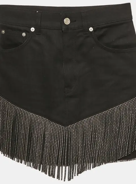 Saint Laurent Black Studded Leather Fringe Trim Denim Skirt S Waist 27"