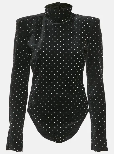 Saint Laurent Paris Black Crystal Embellished Velvet Turtleneck Bodysuit M