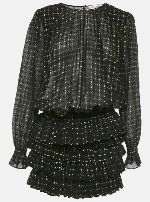 Saint Laurent Black Glitter Chiffon Sheer Ruffled Flocked Mini Dress M