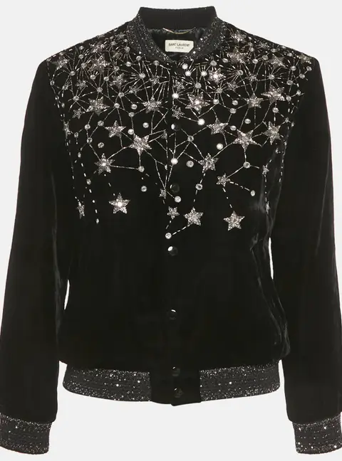 Saint Laurent Paris Black Embellished Velvet Bomber Jacket S