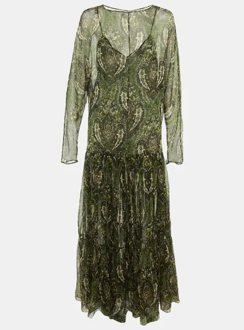 Saint Laurent Paris Green Paisley Print Silk Sheer Maxi Dress M
