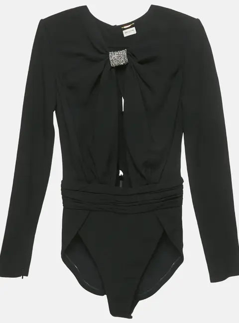 Saint Laurent Paris Black Embellished Detail Crepe Bodysuit S