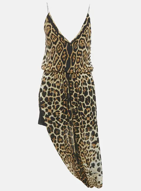Saint Laurent Paris Black /Brown Animal Print Silk Midi Dress M