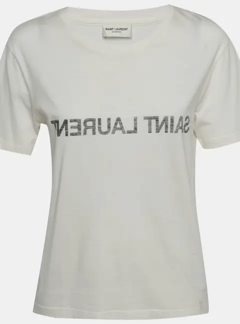 Saint Laurent White Cotton Inverted Logo Printed Cotton Knit T-Shirt M