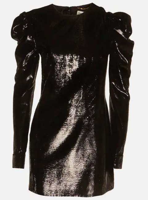 Saint Laurent Paris Black Lam&eacute; Velvet Puff Sleeve Mini Dress S