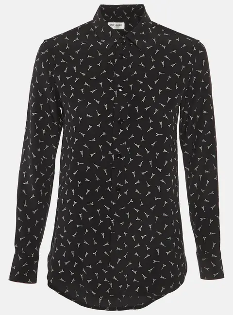 Saint Laurent Paris Black Eiffel Tower Print Silk Shirt S