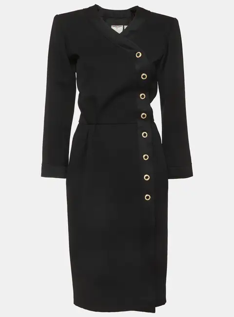 Saint Laurent Paris Vintage Black Tweed Wrap Midi Dress L
