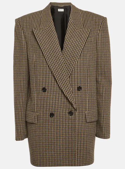 Saint Laurent Paris Brown Houndstooth Double Breasted Blazer M