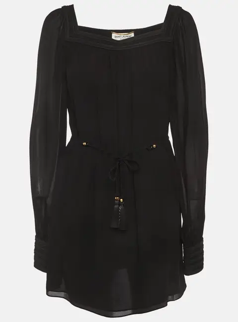 Saint Laurent Paris Black Silk Crepe Square Neck Mini Dress L