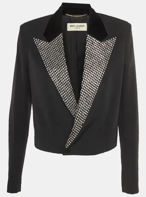 Saint Laurent Paris Black Virgin Wool Embellished Crop Jacket L