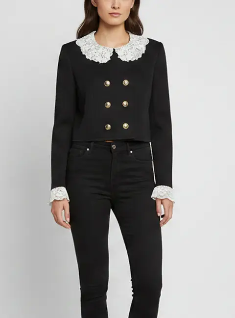 Saint Laurent Paris Black Wool and Lace Trim Cropped Jacket M