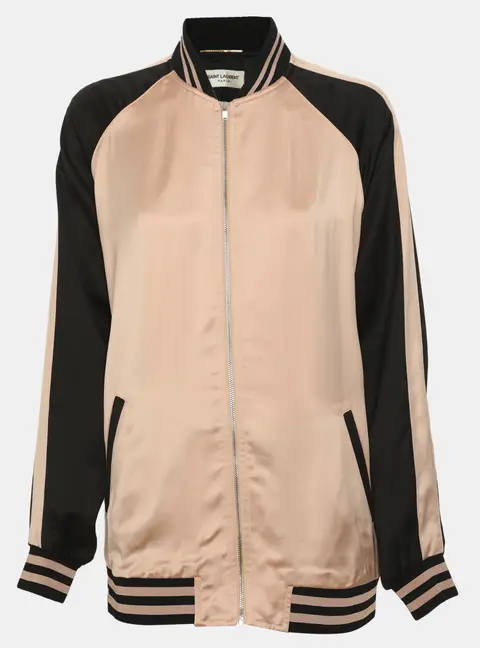 Saint Laurent Paris Champagne Pink/Black Satin Baseball Jacket S