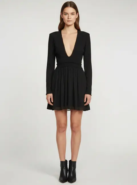 Saint Laurent Paris Black Crepe Fringed Trim Mini Dress S