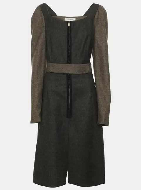 Saint Laurent Grey/Brown Wool Blend Knee Length Dress M