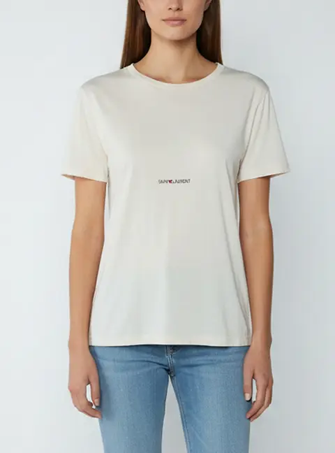 Saint Laurent Paris Cream Logo Print Cotton Distressed T-Shirt XS