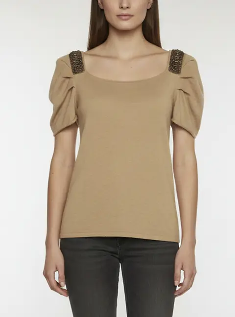 Escada Beige Cashmere Embellished Short Sleeve Top L