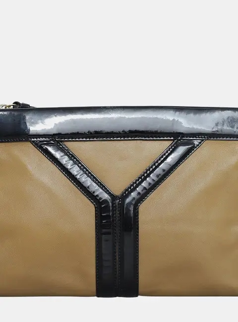 Saint Laurent YSL Clutch Medium Beige Black Leather Patent Leather Clutch Bag