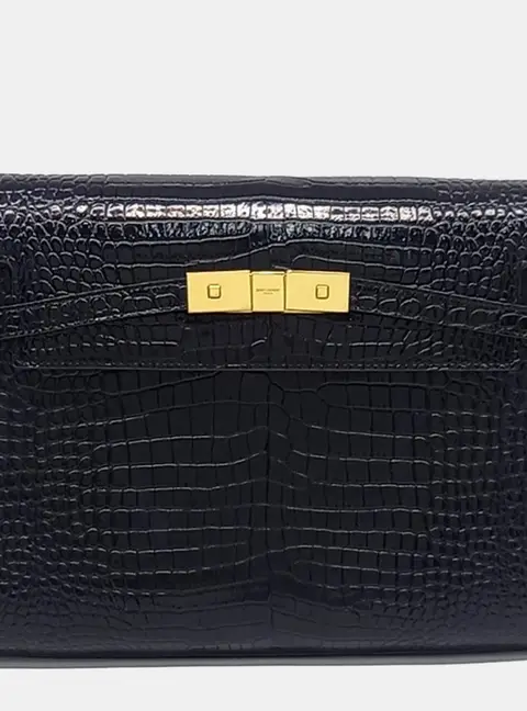 Saint Laurent Paris Black Croc Embossed Leather Manhattan Shoulder Bag