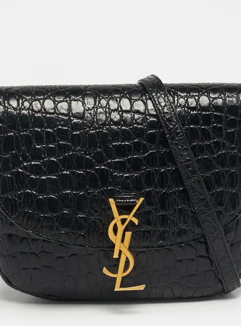 Saint Laurent Kaia Black Croc Embossed Leather Flap Shoulder Bag