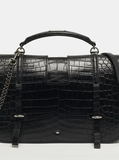 Saint Laurent Charlotte Black Croc Embossed Leather Messenger Bag
