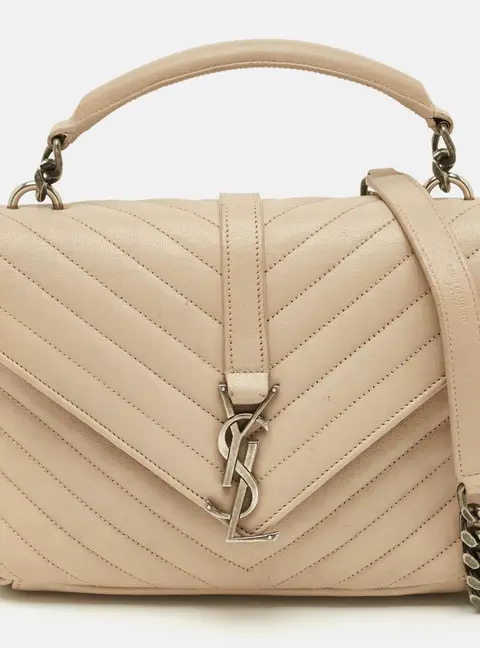 Saint Laurent College Medium Beige Matelass&eacute; Leather Top Handle Bag