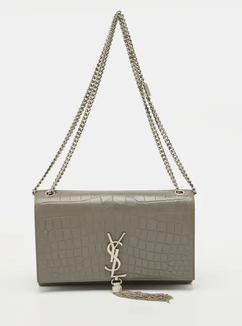 Saint Laurent Kate Tassel Medium Grey Croc Embossed Leather Shoulder Bag